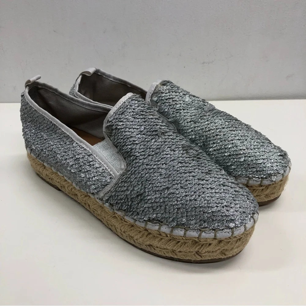 STEVE MADDEN ‘Poppi’ Silver Sequin Espadrilles Platform Shoes Size 7.5